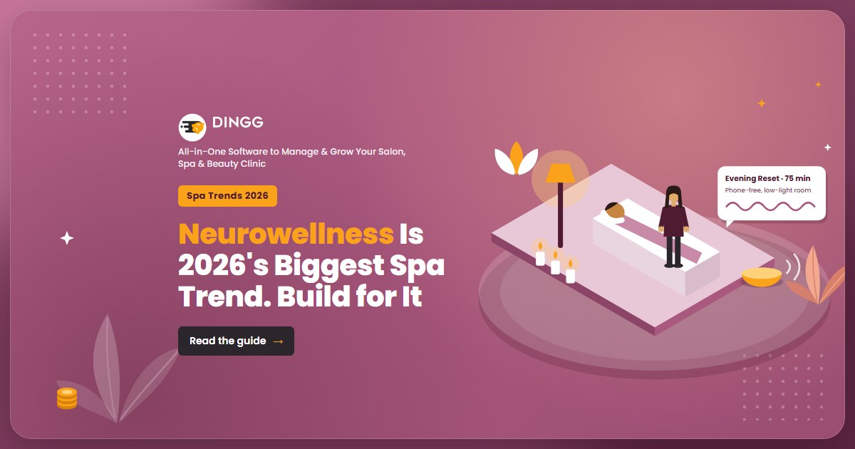 Blog cover: Neurowellness Is 2026's Biggest Spa Trend. Build for It, with a lotus and moon illustration and the DINGG logo